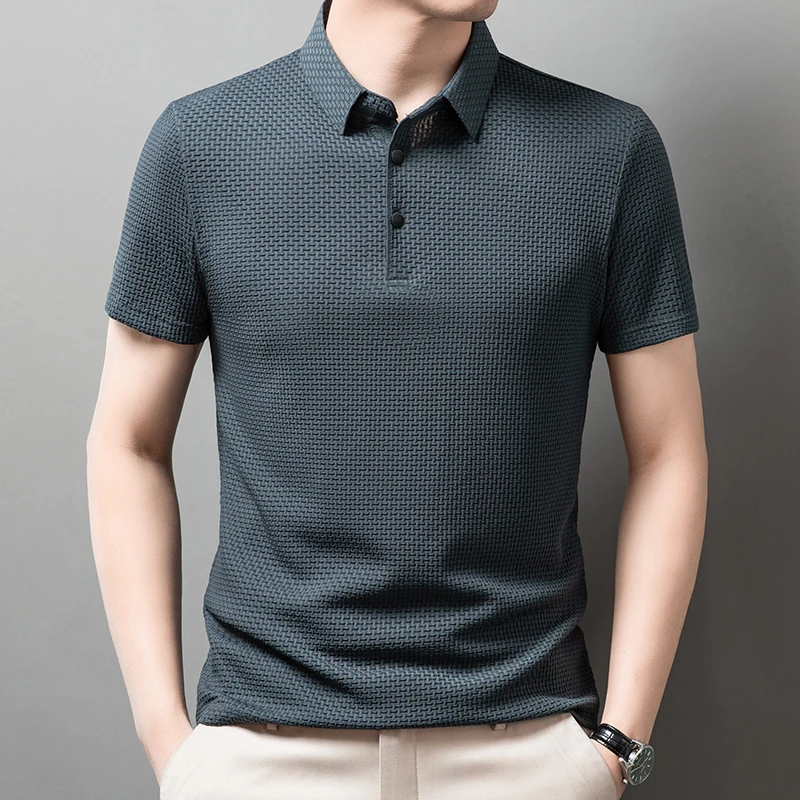 Men's Bone Flower Solid Color Polo Shirt Business Casual Short Sleeve Summer Breathable Versatile Top