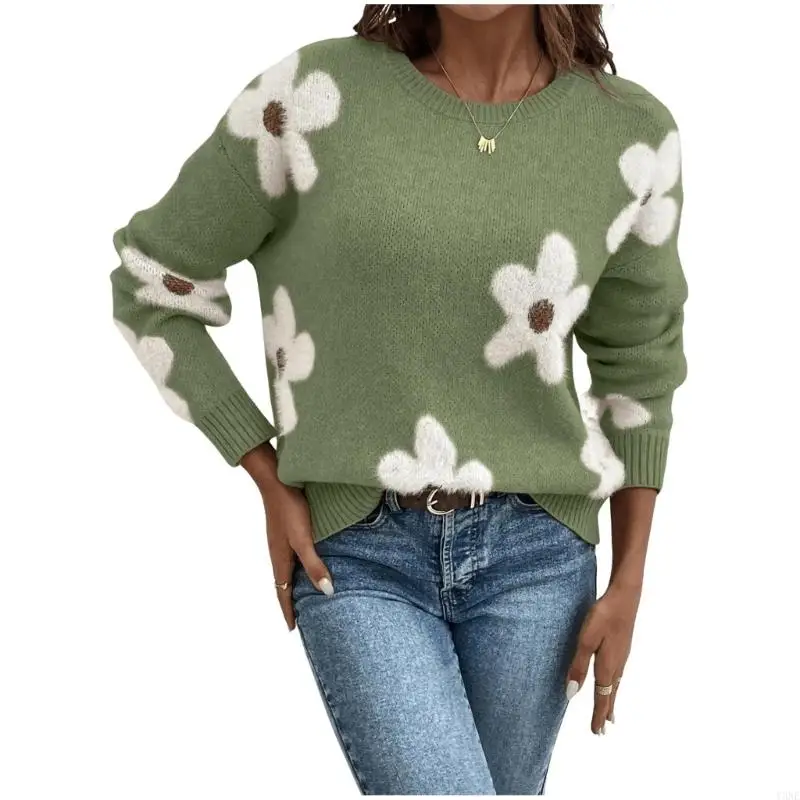 Bild 4: Y3NE Damen-Pullover mit Blumenmuster, Rundhalsausschnitt, Langarm, lässig, lockerer Strickpullover