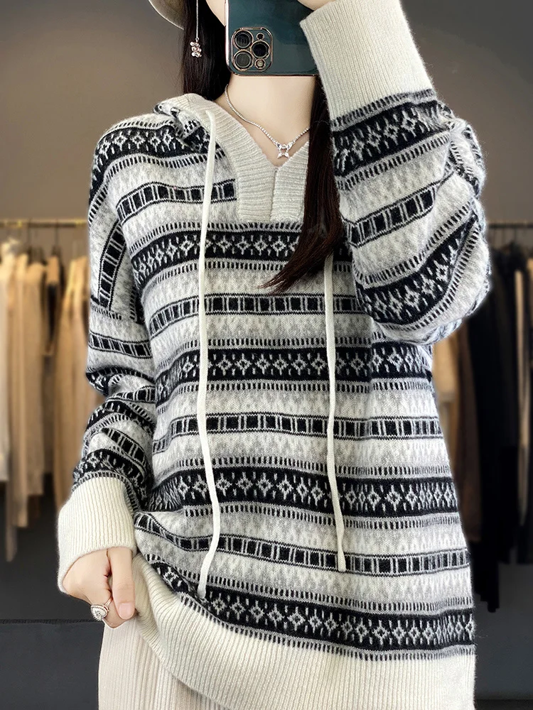 Jacquard Hoodie 100%Pure Wool Sweater Ladies Hooded Knitted Pullover Fashion Loose Color Match Jacket Autumn New Cashmere Blouse