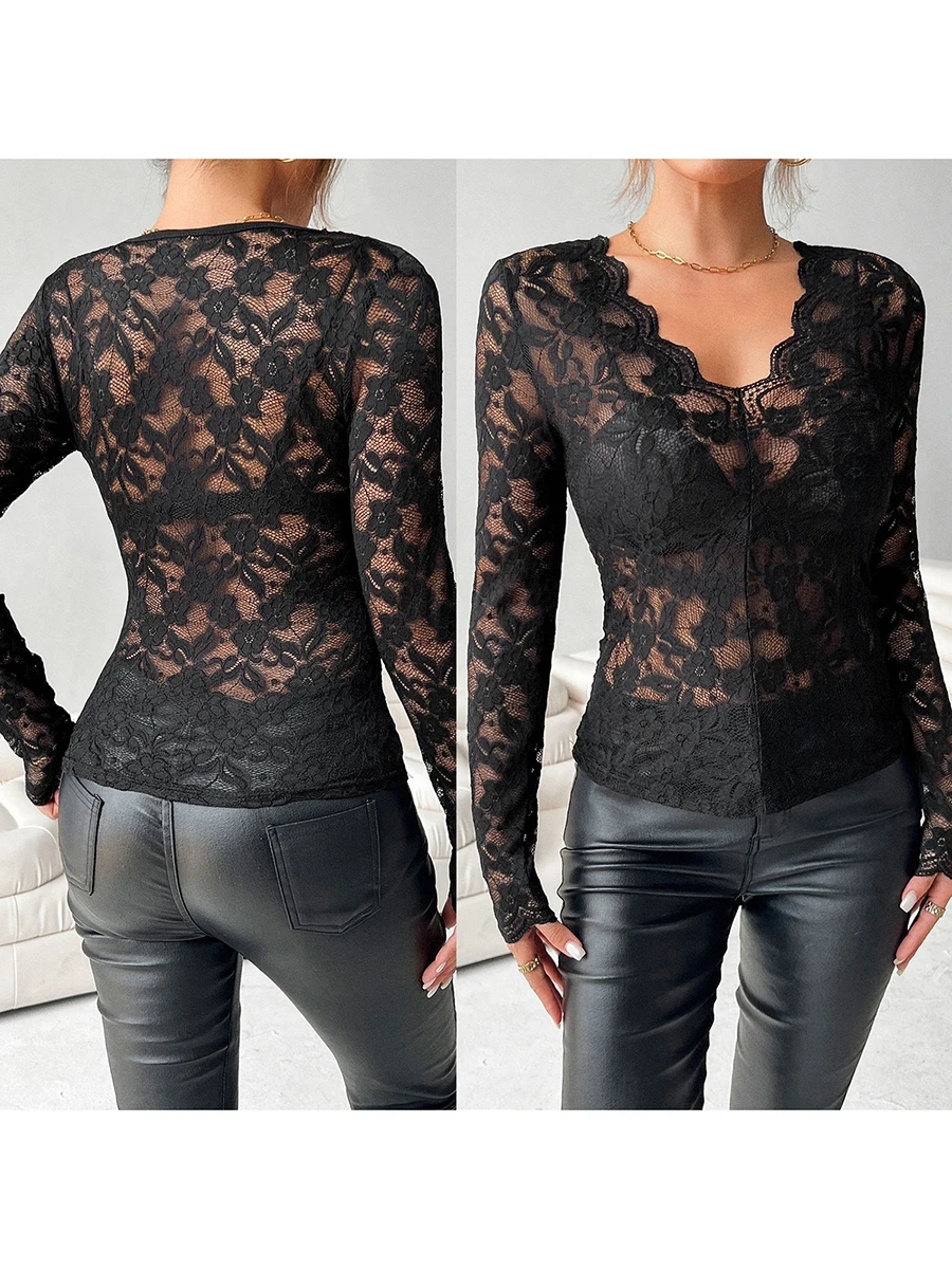 Elegant Floral Lace Blouses with Scalloped Hemline and V-Neckline Long Sleeve  Fit T-Shirts for Women Stylish Sheer Tops