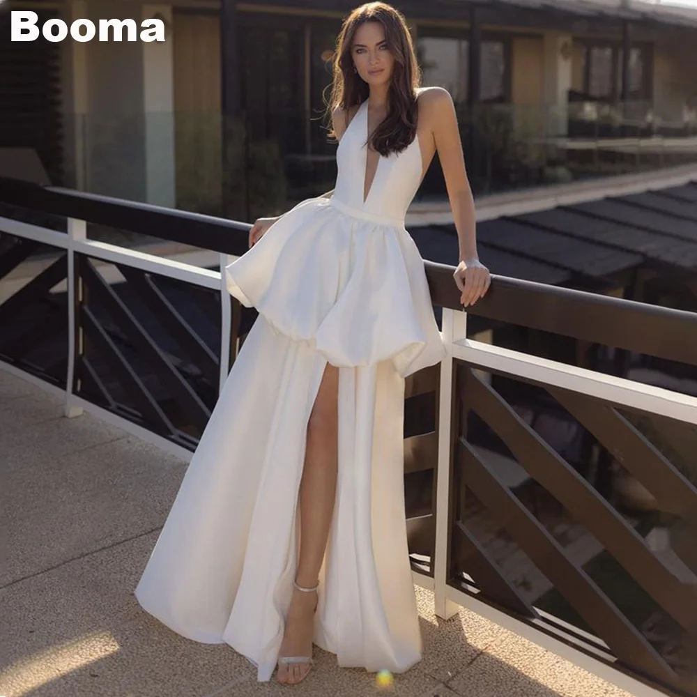 

Booma A-Line Tiered Stain Wedding Dresses Sleeveless Backless Sexy Bridals Party Dress High Side Slit Brids Gowns for Women