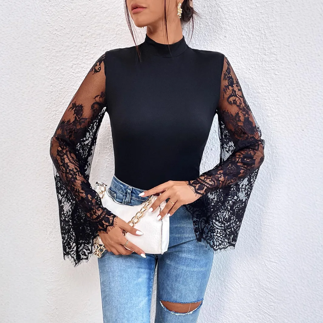 

European and American Women's Summer Sexy Jumpsuit Women's Slim Fit Lace Long Sleeved Patchwork Spring and Autumn Outerwear