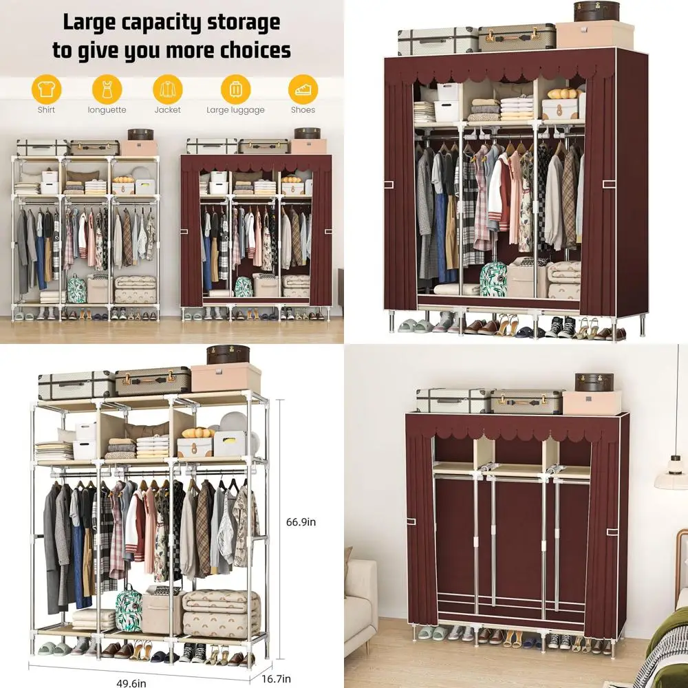 

Portable Wardrobe Closet with Metal Frame, Crimson Fabric Cover, 3-Tier Storage with Hanging Rod, 3 Storage Area for Clothing,Be