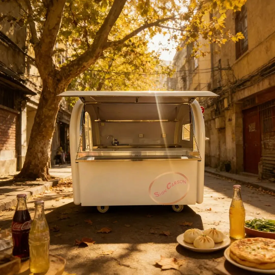 

FRP Mobile Food Cart Stainless Steel Commercial Catering Truck Workstation with Sink And Wheels for Outdoor Use