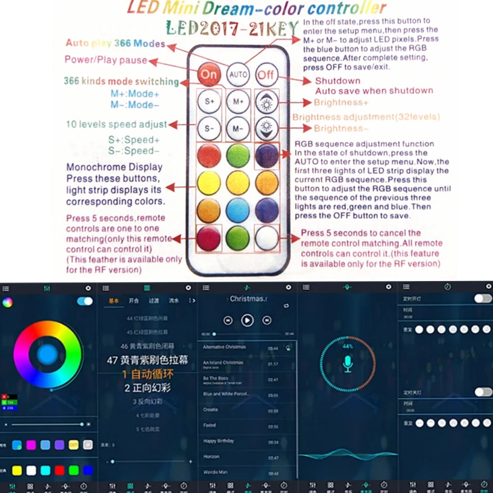 DC5-24V mini RF LED Bluetooth controller power controller, 21 key compatible with Bluetooth remote control, can be directly