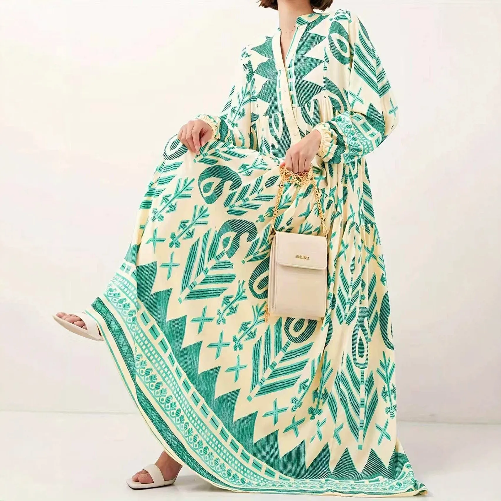 V Neck Printed Dress a Line Courtly with Elegant Artistic Retro Long Sleeves Loose Maxi Length Everyday Office Dress for Women