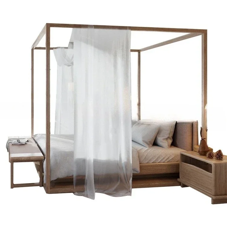 Ash wood shelf bed mo dern designer simple pillar b ed rattan be d vil la sol id wo od