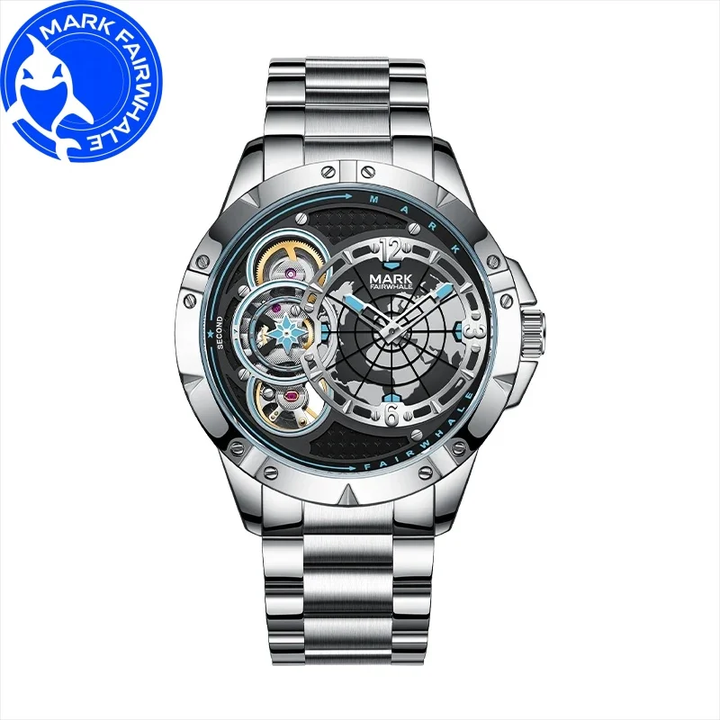 MARK FAIRWHALE Automatic Movement 6005 New Design Earth Pattern Hollowed Out Dial Stainless Steel Waterproof Watch for Man Reloj