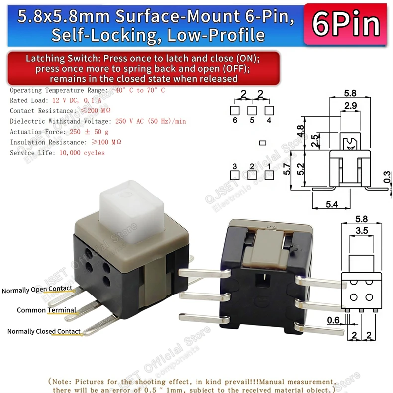 10 Stück 5,8x5,8 7x7 8x8 8,5x8,5mm Selbstverriegelnde/Nicht-verriegelnde Reset-/Multimeter-Taster, Taktiler Mikroschalter, 3/6-Pin Drucktastenschalter – Detail 37