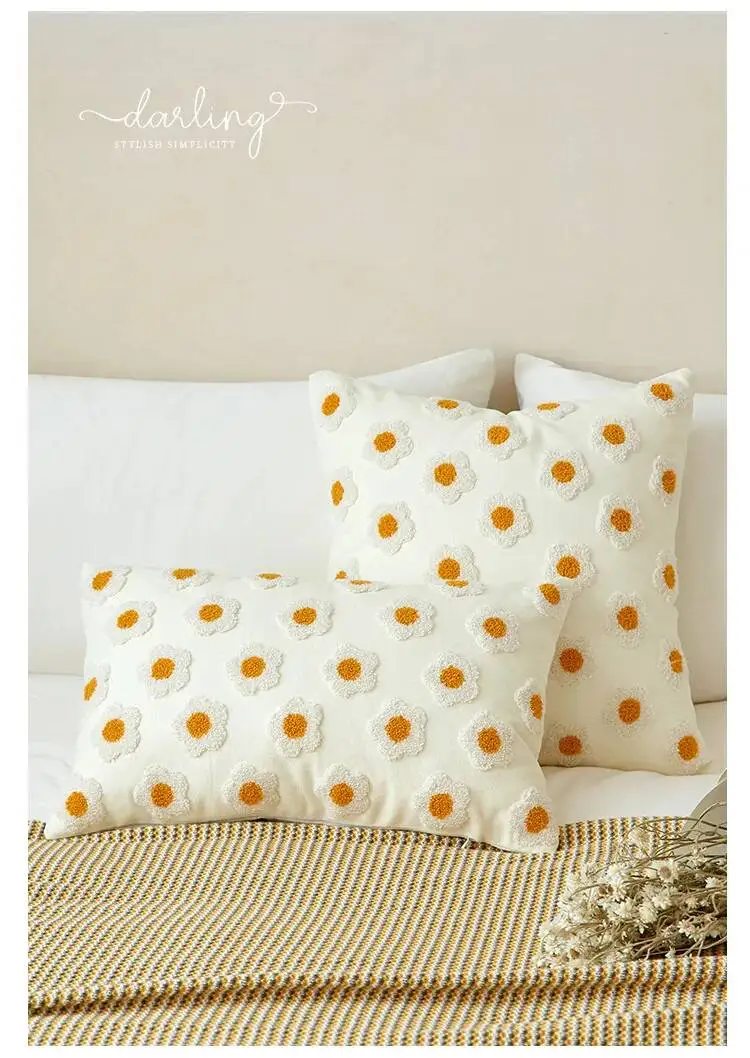 Nordische bestickte Gänseblümchen-Kissenbezüge, Boho-Blumenmuster, moderne dekorative Kissenhüllen für Sofa, Bett, Wohnzimmerdekoration – Detail 5
