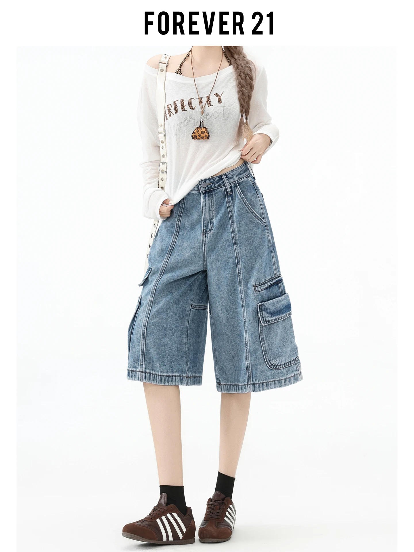 Shorts Jeans Feminino Forever 21 de Cintura Alta, Perna Larga e Solta, Estilo Americano, Casual, para o Verão, com Efeito Emagrecedor, Comprimento Sete Oitavos