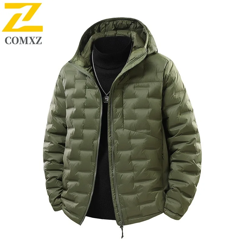 

COMXZ Men Down Jacket Hooded Ultra Light Outdoor Camping Windproof Parka Stylish Adventure Cold Resistant Winter Down Coat