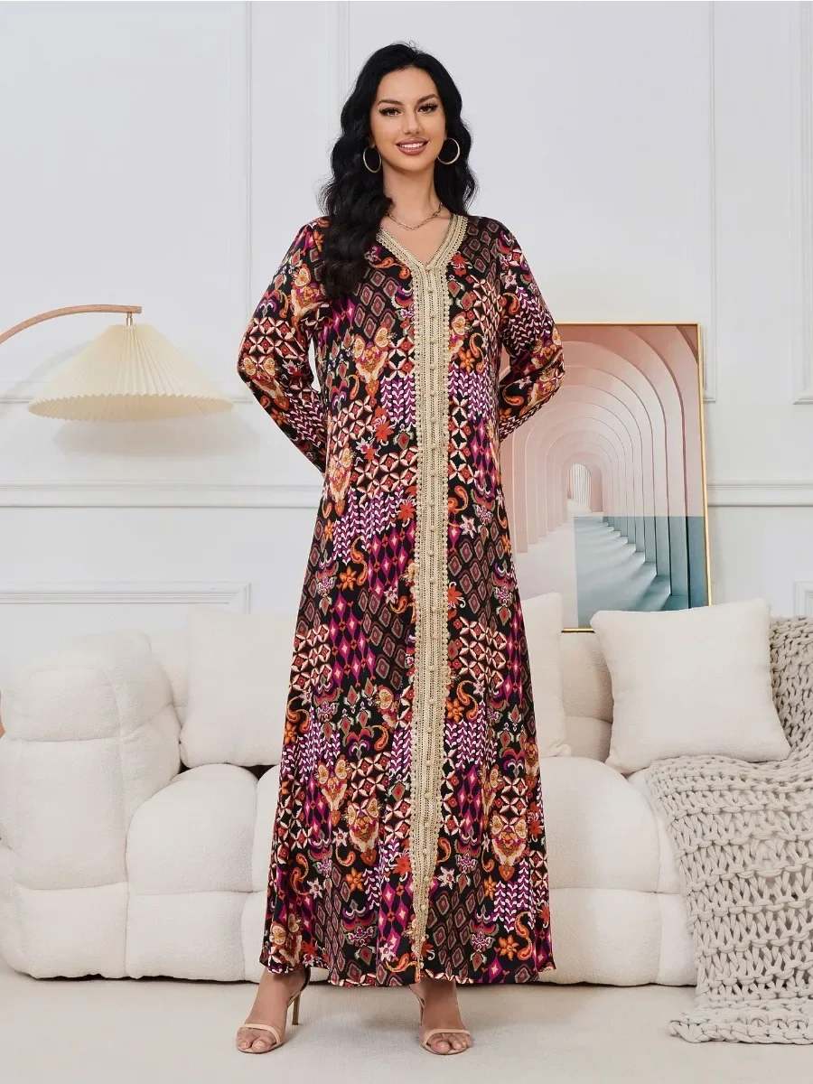 Vestido de fiesta con estampado musulmán Eid para mujer, Vestidos largos con cordones Jalabiya Abaya Ramadán, Abayas, bata tipo kimono para mujer, caftán 2024