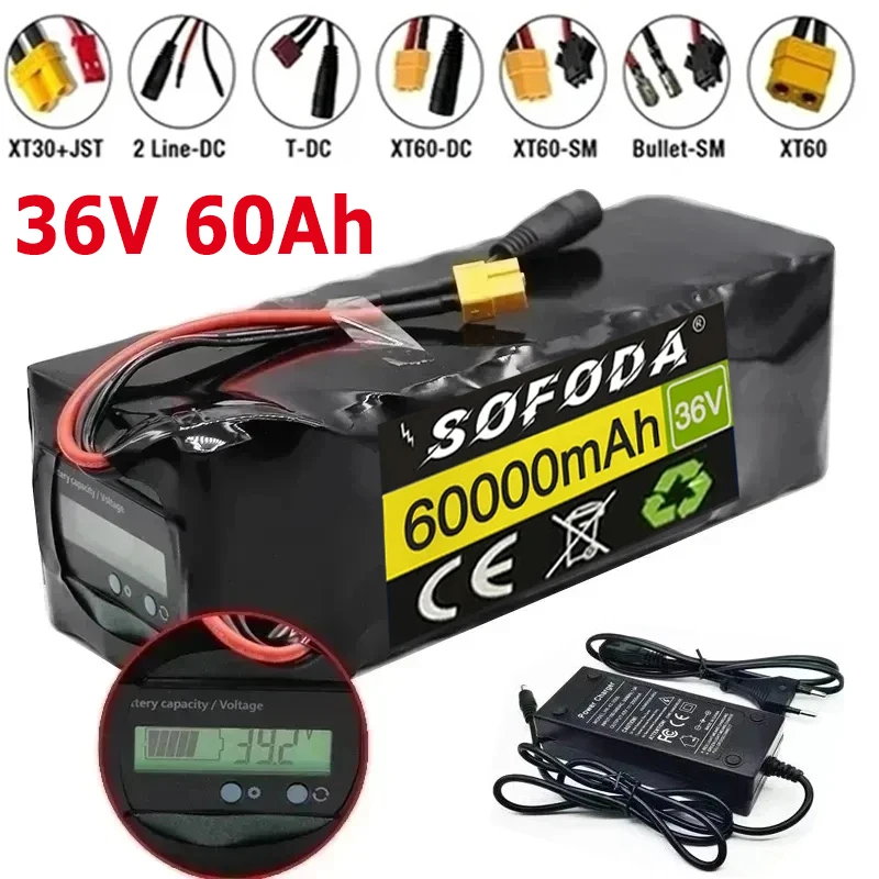 36V Battery 10S4P 60Ah Battery Pack 500W High Power Battery 42V 60000mAh Ebike Electric Bicycle xt60 BMS with Capacity Indicator