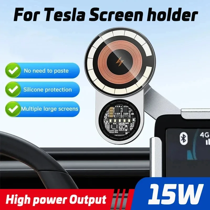 Aluminum Alloy 360° For Tesla Macsafe Suspended Screen Wireless Fast Charging Magnetic Suction Car Phone Holder Punk Style