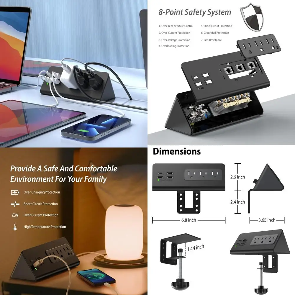 

Настольный сетевой фильтр с зажимом, 3 розетками переменного тока и 4 USB-портами, идеально подходит для дома, офиса, отеля и общежития (черный, 2 шт.)