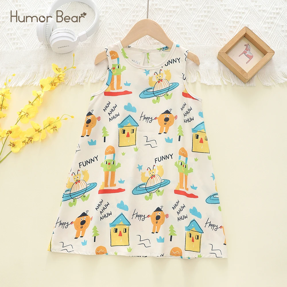 Humor Bear Girls Clothes Daily Wear Pajamas Sleeveless Graffiti Printing Dress Childrens' Casual Costumes