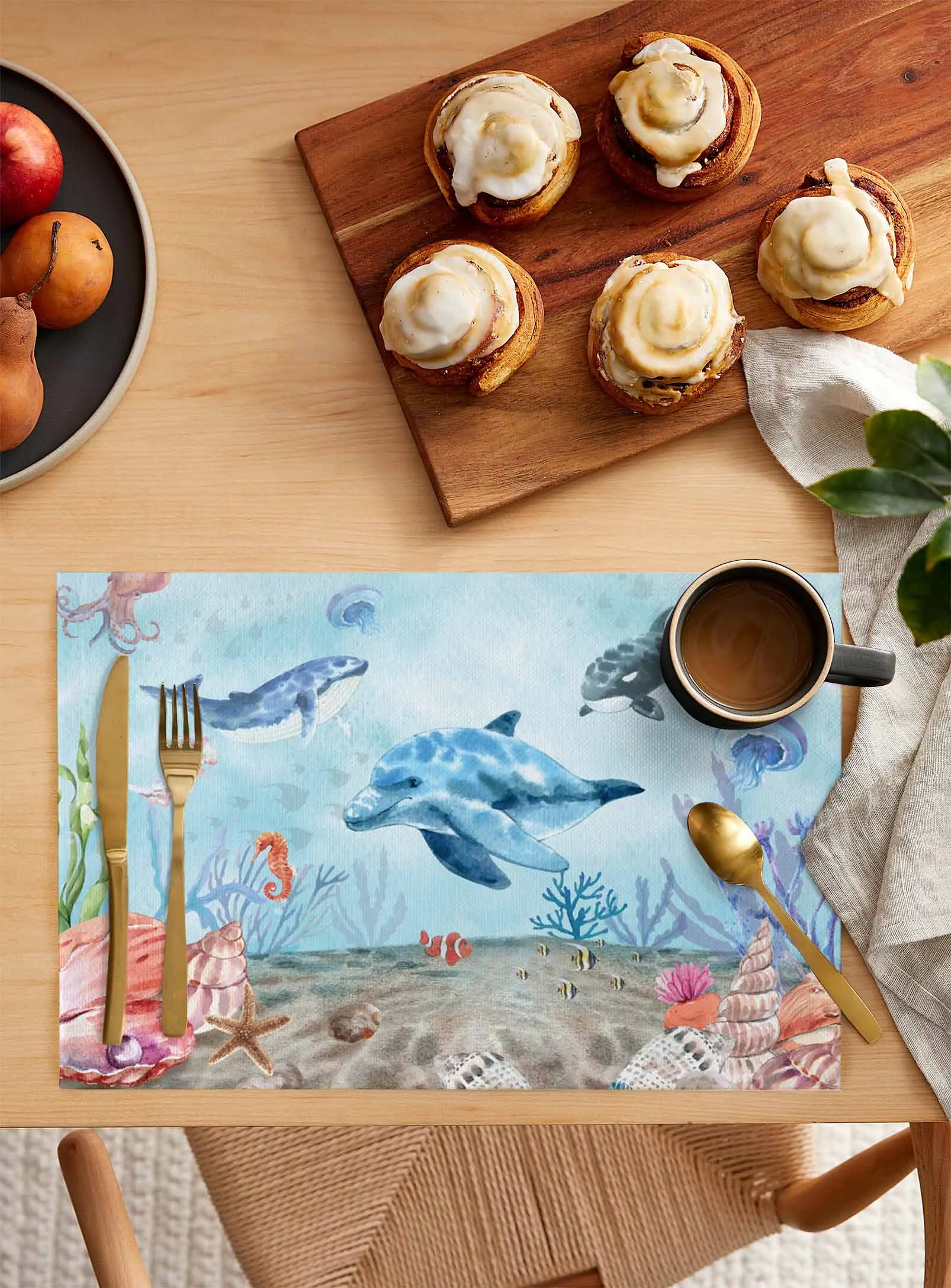 Ocean Dolphins Octopuses Whales Conch Kitchen Dining Table Decor Accessories 4/6pcs Placemat Heat Resistant Tableware Mat