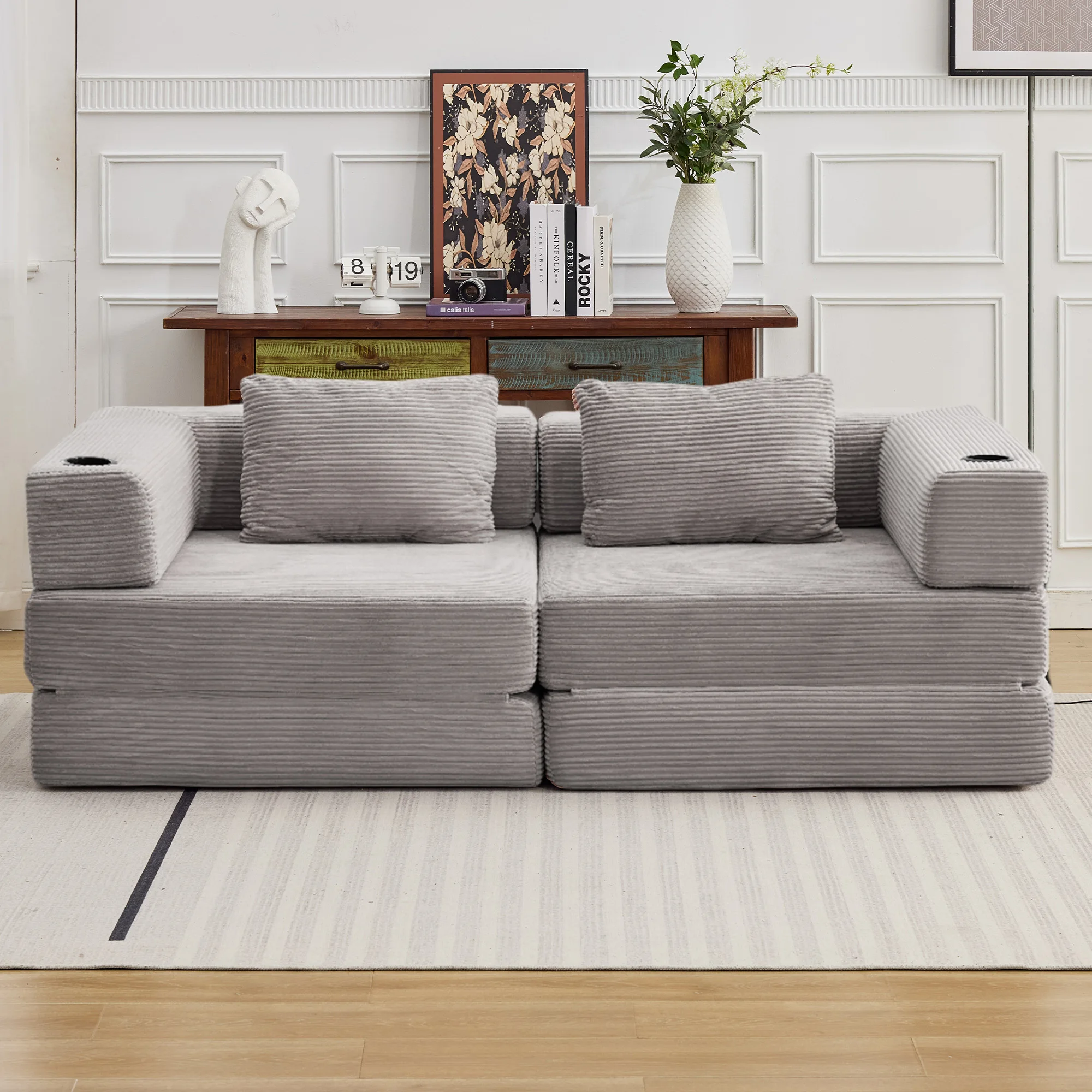 Corduroy modulaire converteerbare slaapbank, 2-zits bank met vrije combinatie, geen montage nodig, bank met bekerhouders, loveseat voor woonkamer, slaapkamer