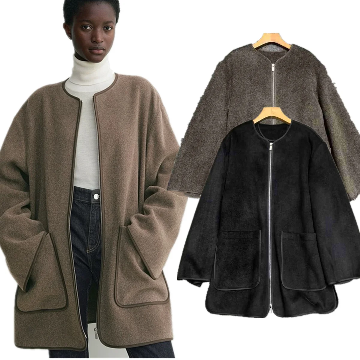 

Jenny&Dave Autumn And Winter Wool Coat Nordic Minimalist Loose Round Neck Zipper Jacket Woolen Coat Women Top