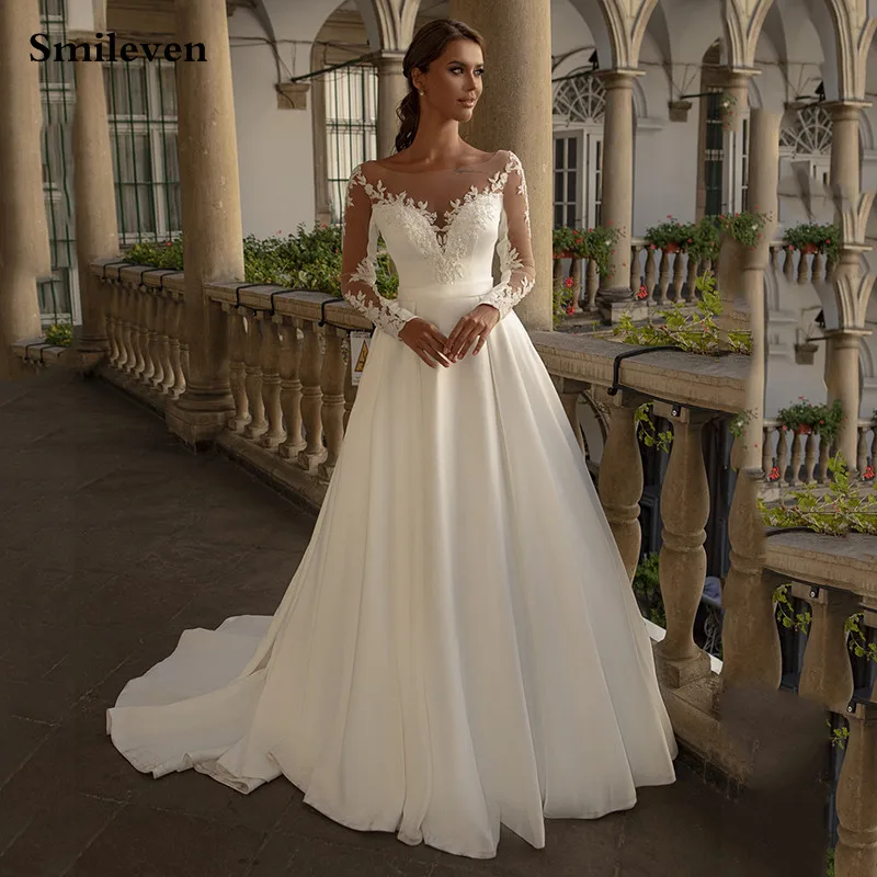 

Smileven Long Sleeve Satin Wedding Dress Appliqued Lace O-Neck Bride Dresses Backless Vestido de novia 2023 Wedding Gown