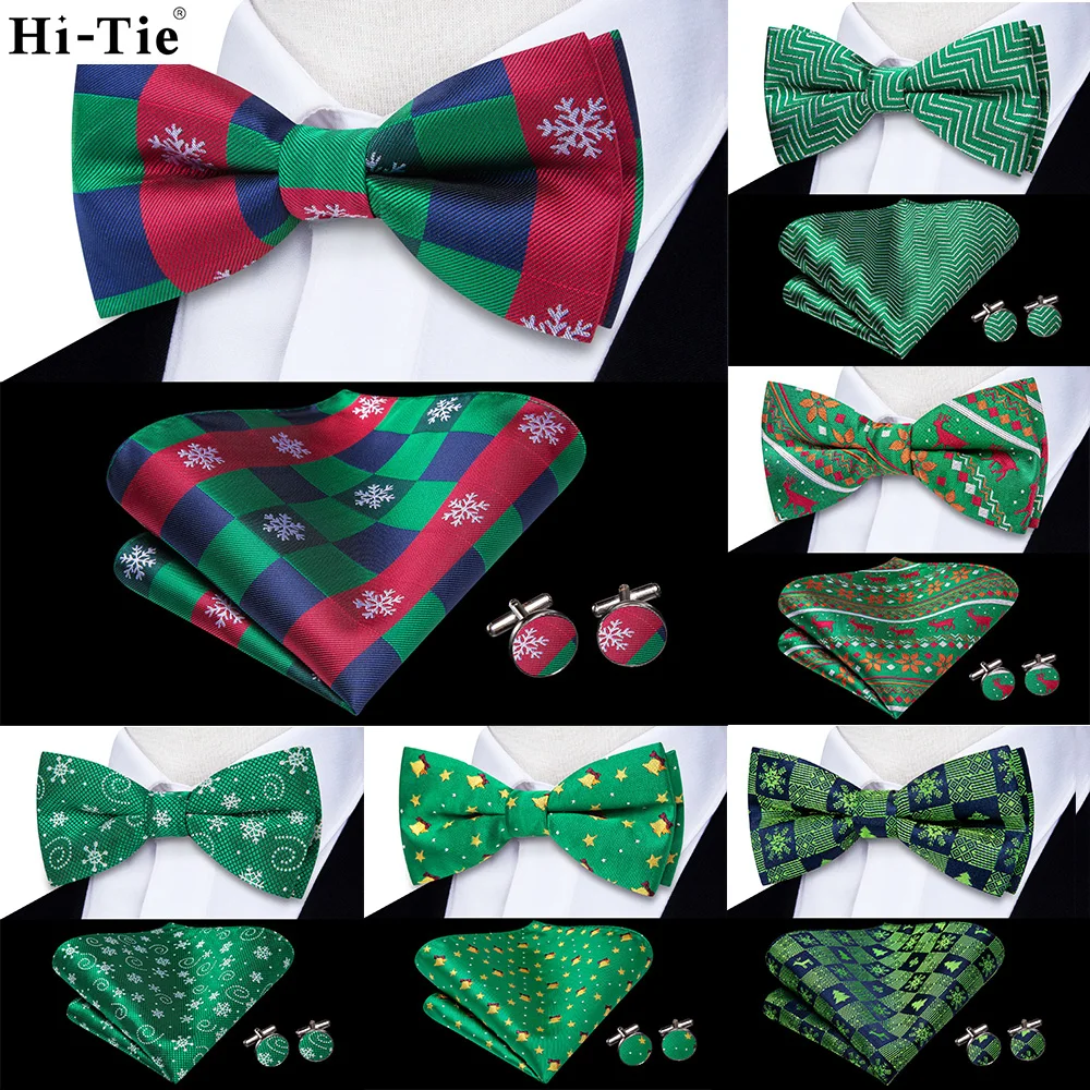 Hi-Tie Christmas Green Red Bowties for Men Silk Butterfly Tie Bow Tie Hanky Cufflinks Wedding Party Paisley Plaid Solid Bowtie