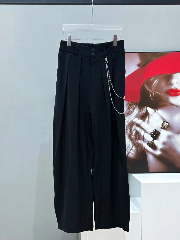 Men's 2025 Summer New Fashion Versatile Simple Straight Wide Leg Pants Loose Comfort Suit Pants Men's Chain Solid Color Trousers