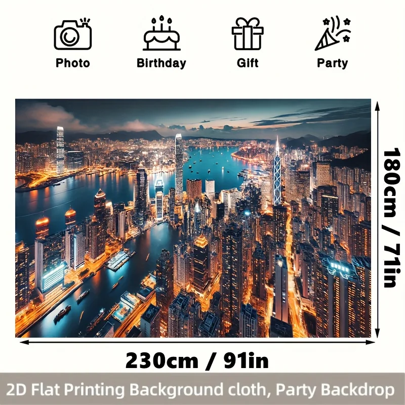 Hong Kong Skyline Tapestry 2D Flat Wall Hanging City Night View Decor for Living Room Bedroom Urban Art Fabric Poster