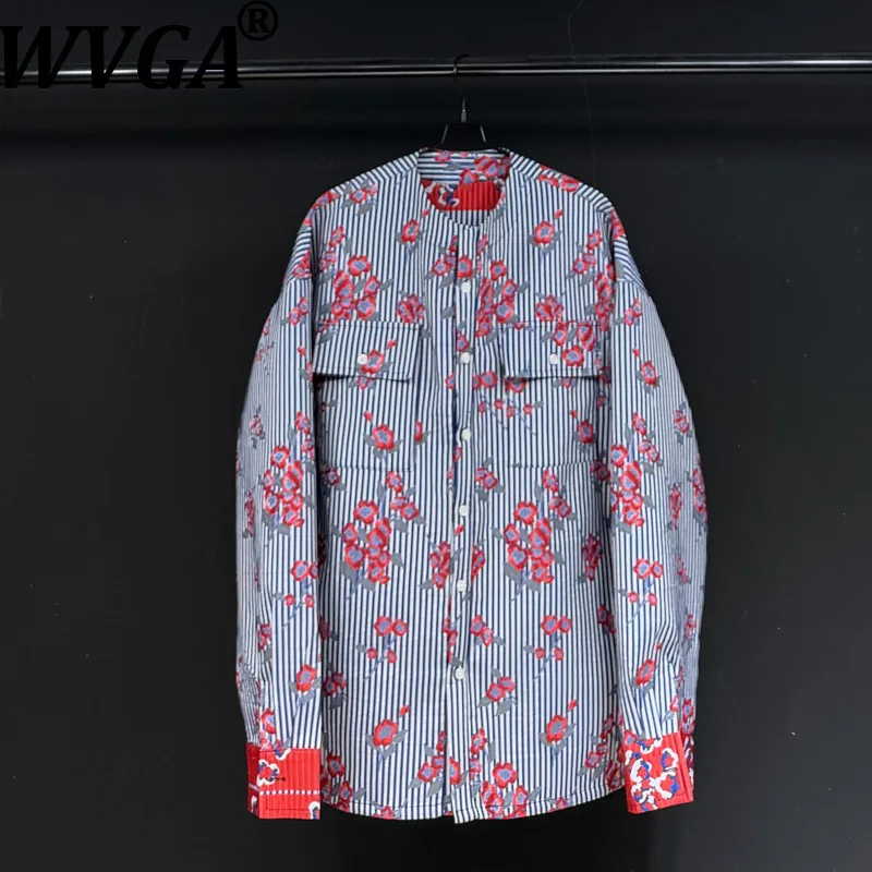 

WVGA Spring Autumn New Man Tide High Street Printed Striped Trendy Long Sleeved Shirts Niche Chic Casual Pockets Tops Ins W13378