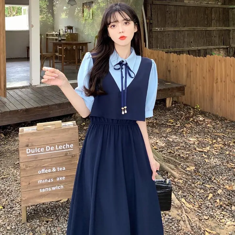 Fake Two Pieces Long Dresses For Women Summer Female Lapel Collar Short Sleeve Large Size Casual Polyester Blue Preppy Vestidos