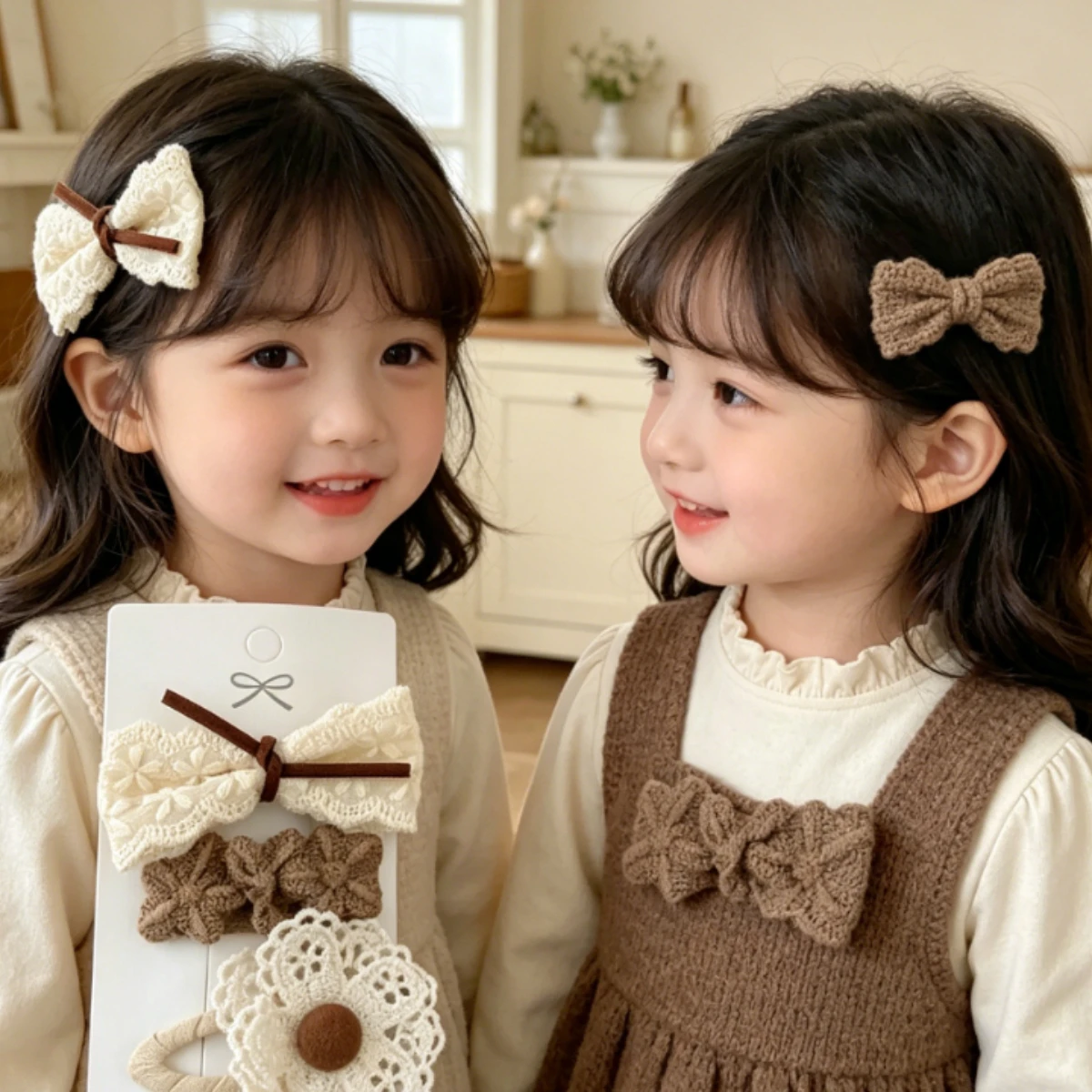 

4Pcs/set Beige Lace Hair Clips Set, Floral & Bow Hair Barrettes, Elegant Retro Hair Accessories for Kids