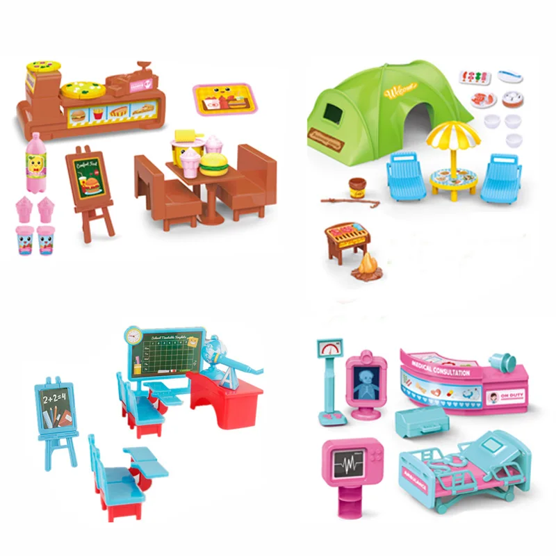 1/12 DIY Forest Animal Family Hospital Set BBQ Picnic Icecreamshop Burger Toy Role play for kids Birthday Gift For Girls