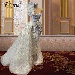 Couture White Beads Sequins Formal Evening Party Gowns Dubai One Shoulder Handmade 3D Flowers Prom Dresses Long Vestidos