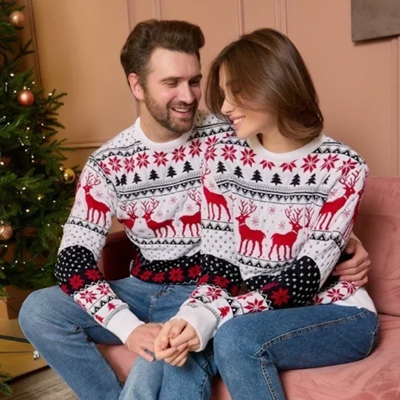 2026 Winter Christmas Matching Outfits Jacquard Knitting Sweater Mother Father Kids Warm Thick Jumpers Xmas Family Look Knitwear