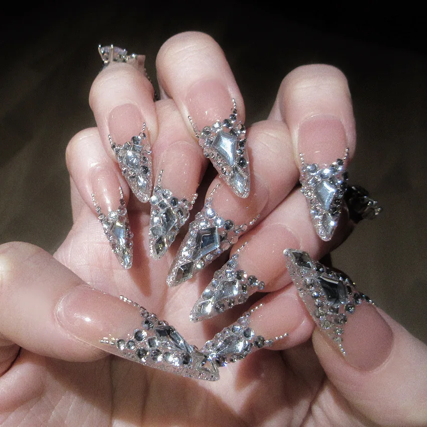 

24 шт., супер блестящие кристаллы, пресс для ногтей, блестящие французские миндалевидные накладные ногти для невесты, носимые накладные накладные ногти со стразами