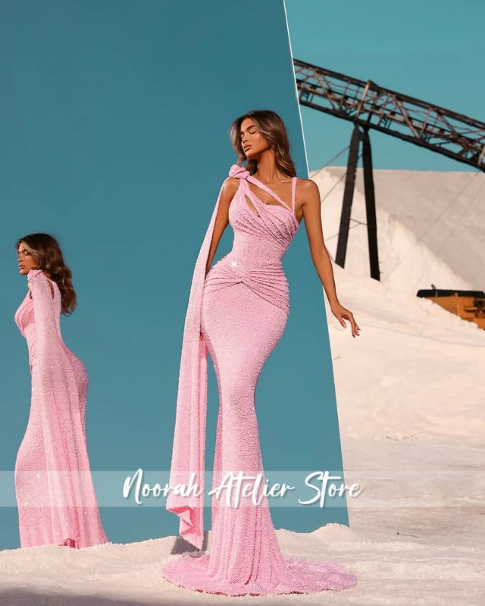 심플하고 반짝이는 노란색 홀터넥 두바이 이브닝 드레스 2025 웨딩 드레스 슬릿 프롬 가운 이브닝 드레스 맞춤 제작