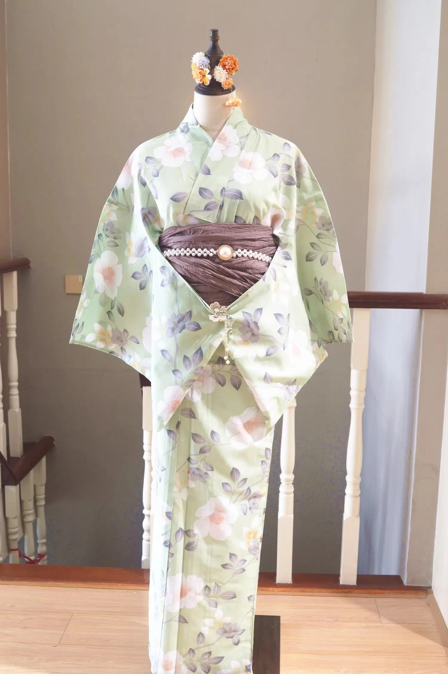 

Japanese Traditional Kimono YUKATA Cotton Women's Dresses Green 160cm length Comfortable and breathable