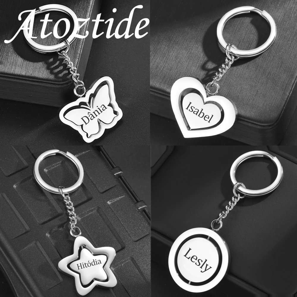 

Atoztide гравировка имени брелок из нержавеющей стали ювелирные изделия персонализированный бабочка сердце вращающийся брелок для женщин семейный подарок