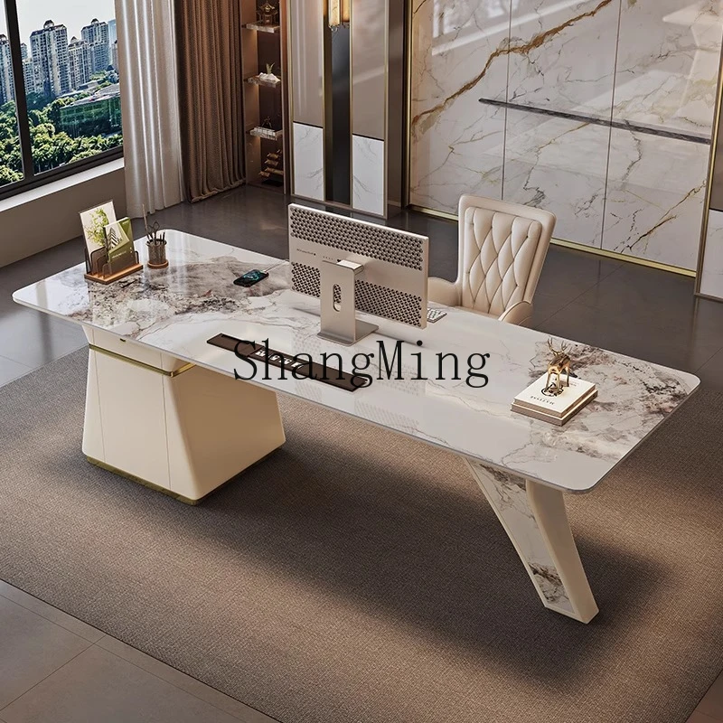 

SM light luxury rock slab desk and chair combination stainless steel frame home study office computer desk