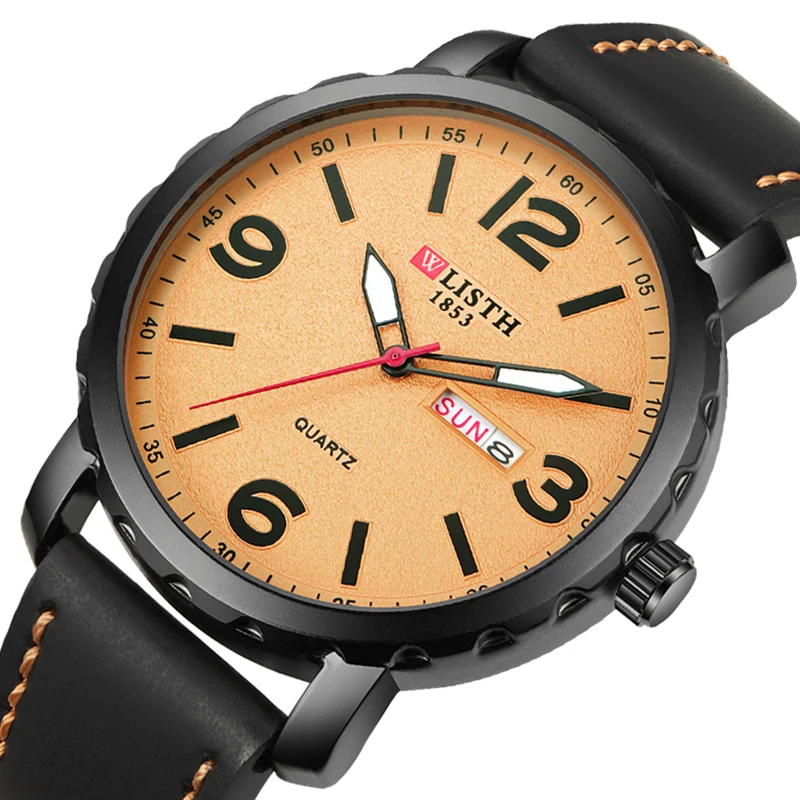 腕時計男性トップブランド防水クラシックブラックレザー腕時計ファッションカジュアルカレンダービジネスクォーツ腕時計男性時計ギフト