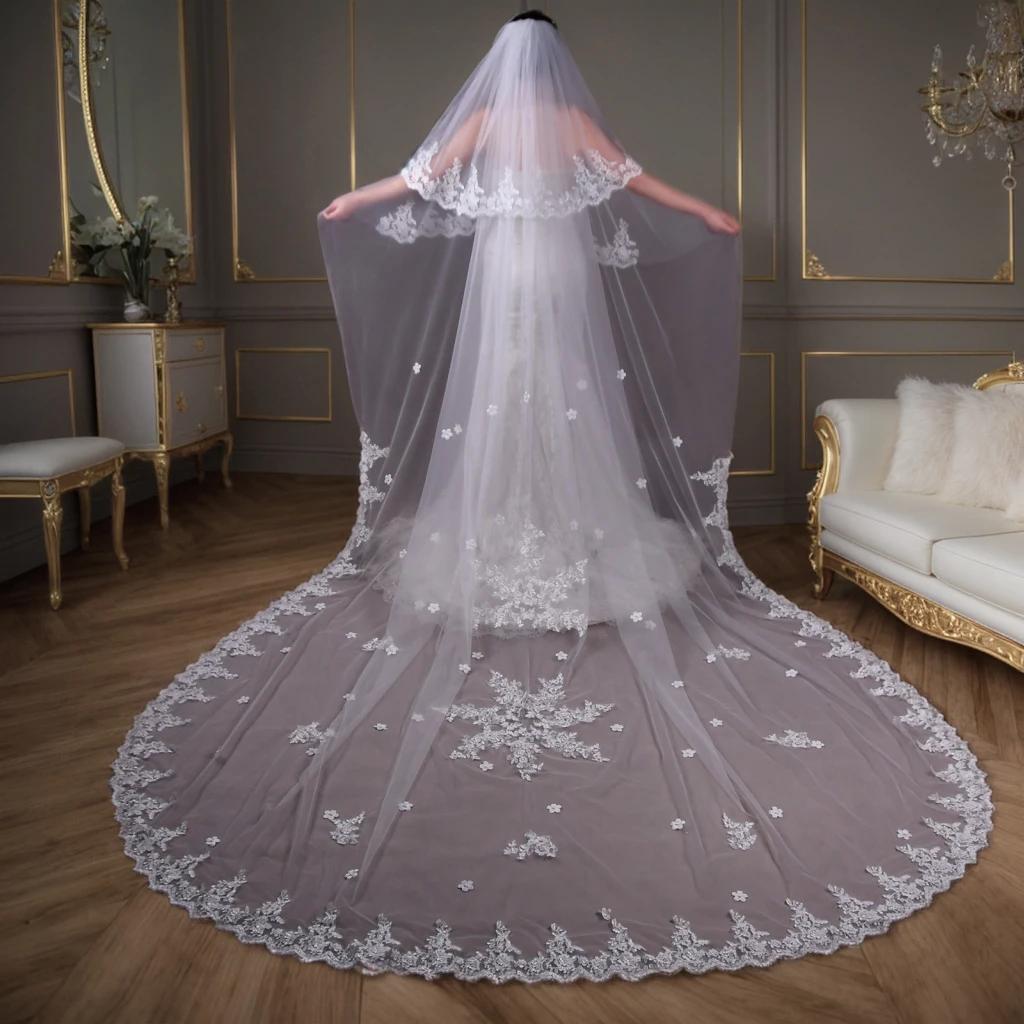 

V77 3M Long Cathedral Wedding Veil 2 Tier Bridal Veil Classic Snow White Veil with Blusher Soft Tulle in Spanish Mantilla Style