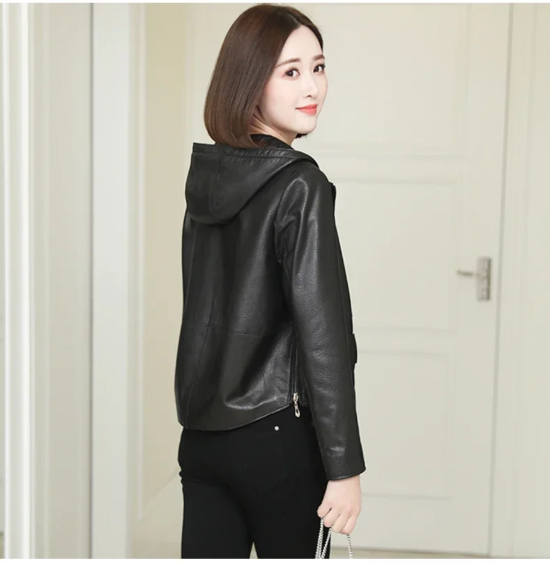 2024 frühjahr Echt Leder Jacke Frauen Echtem Schaffell Leder Mantel Kurze Kapuze Leder Jacken Chaqueta Cuero Genuino Mujer