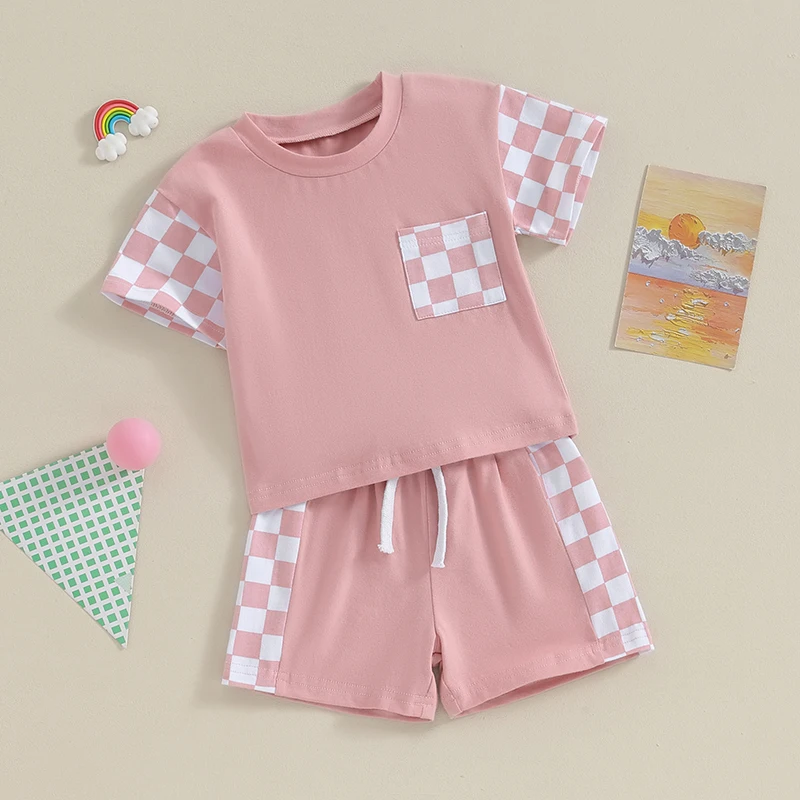 Infant Girls Summer Clothes Outfits Checkerboard Patchwork Crew Neck Short Sleeve T-Shirts and Elastic Waist Shorts Suit image 5