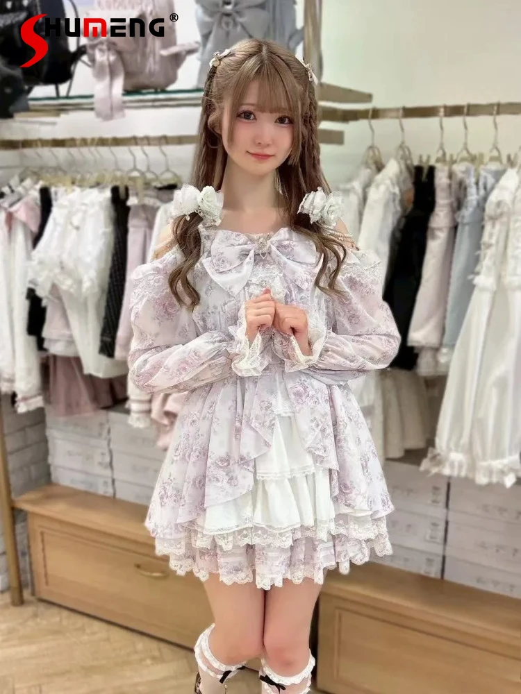 

Liz Dress Set Autumn New Japanese Mine Mass-produced Lolita Dress Shorts 2 Piece Set Cute Bow Print Long-sleeved Top Shorts Set