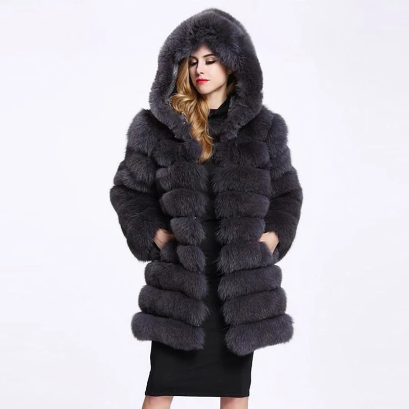 เสื้อขนสัตว์ Faux 2022ฤดูหนาวใหม่ผู้หญิงยาวเสื้อขนสัตว์ Hooded หญิงหนา Warm Fluffy Faux Fur Jacket สีชมพูประดิษฐ์ขนสัตว์ Overwear