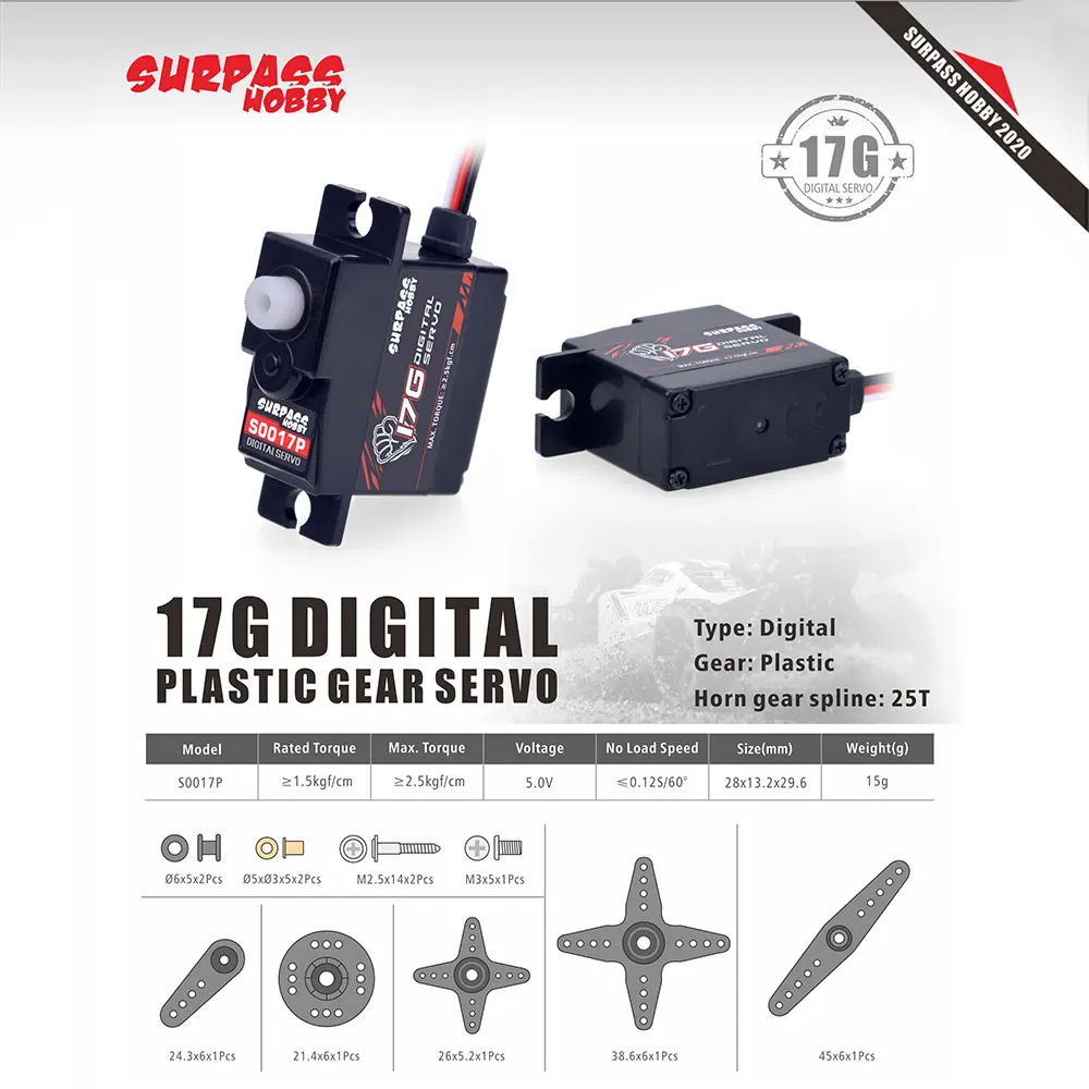 SURPASS HOBBY 17g Digital RC Car Mini Servo Plastic Metal Gear 4.8V ~ 6V DC Motor for Airplane Robot Boat Model Toy Wltoys Part