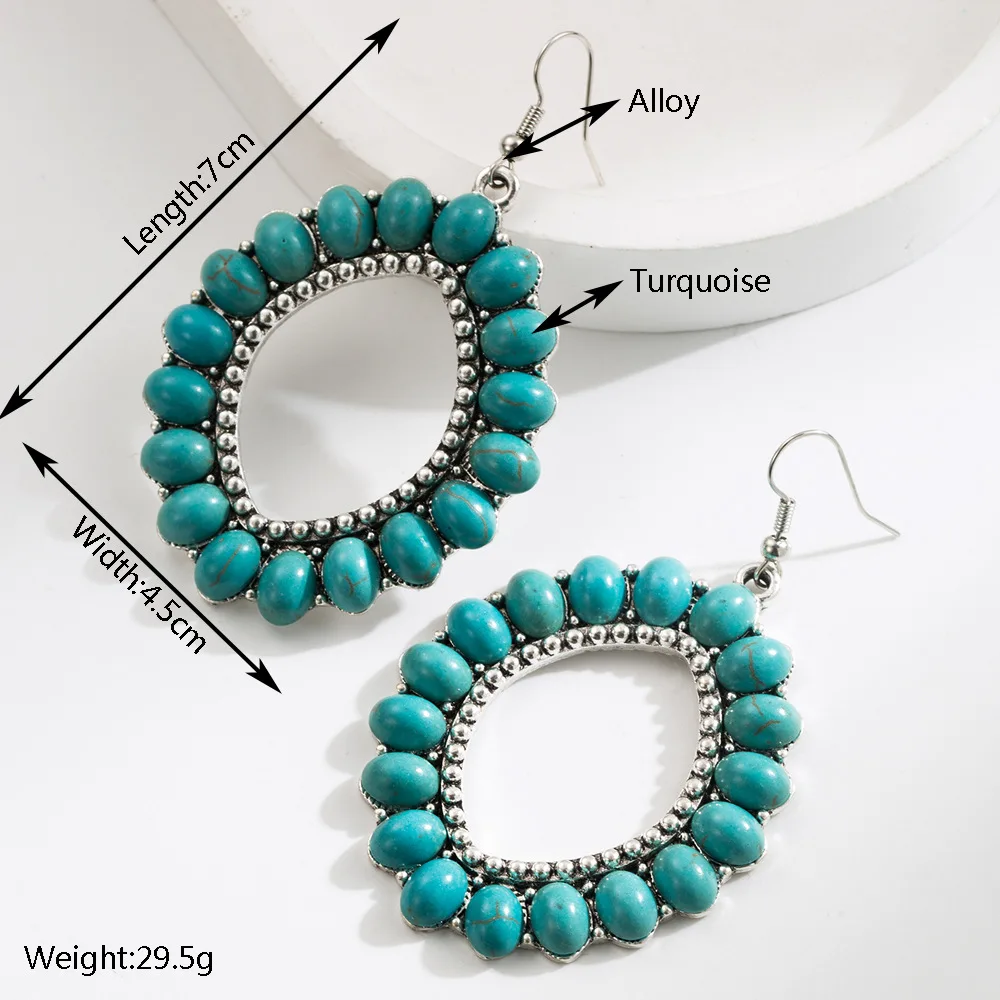 Exaggerated earrings women's retro oval turquoise hollow geometric leopard print leather earrings foreign trade jewelry wholesal