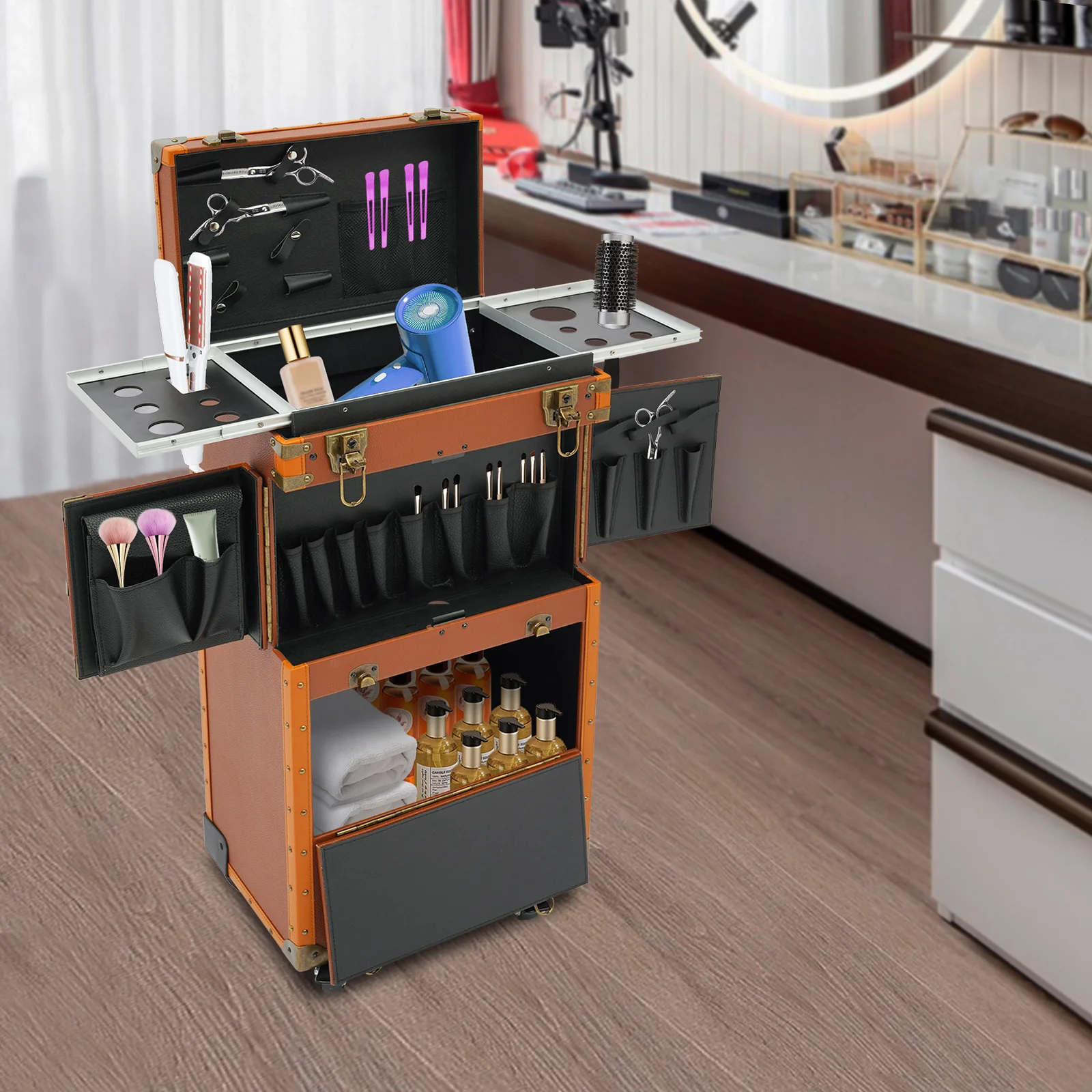 Coffee-Tone Punk Hairdressing Case with Mobile Password Locks - Durable and Stylish Tool Organizer for Salon Professionals