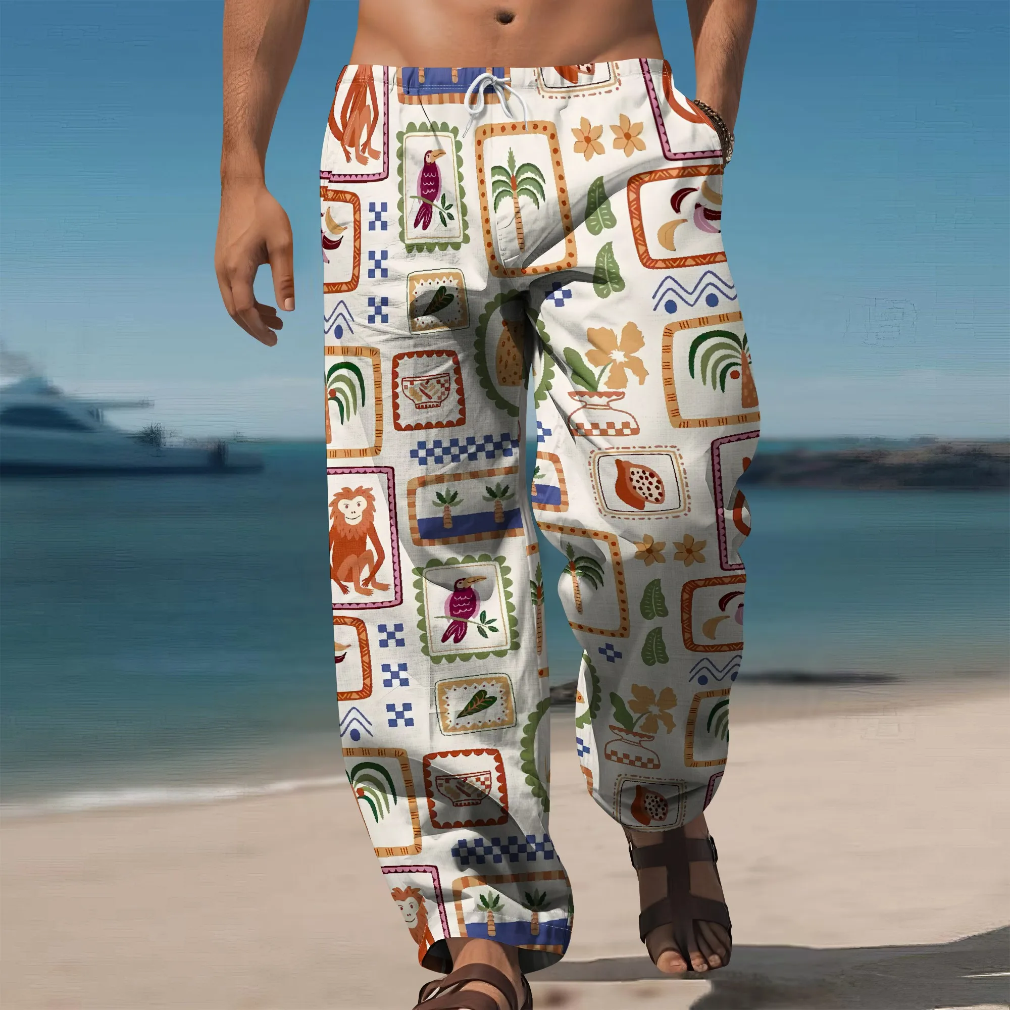 

YEAE Tropical Frame Print Pants for Men Summer casual Loose Drawstring Trousers