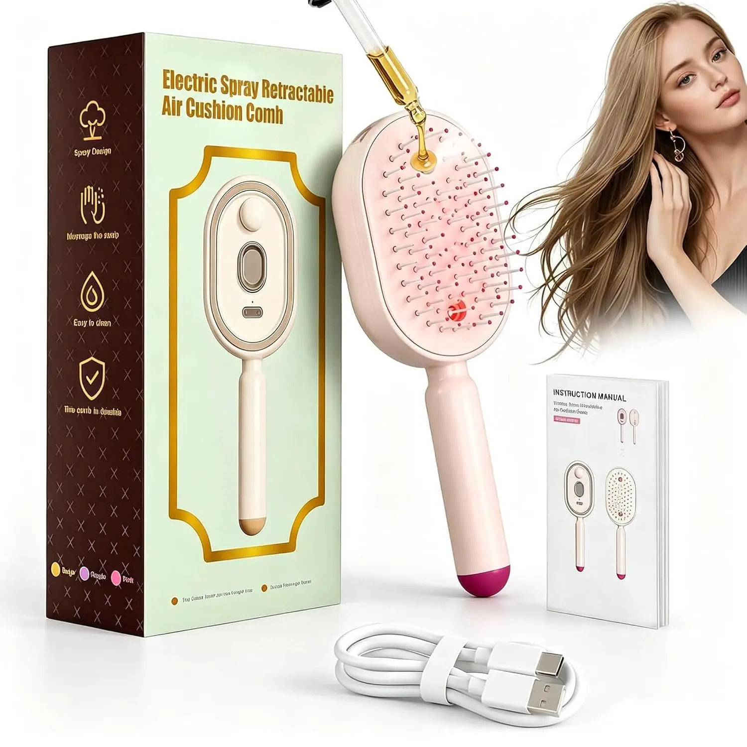 Electric Spray Air Cushion Comb for Women Retractable Hair Massage Brush for Thick Fine Curly Hair Electric Steam Brush for Hair